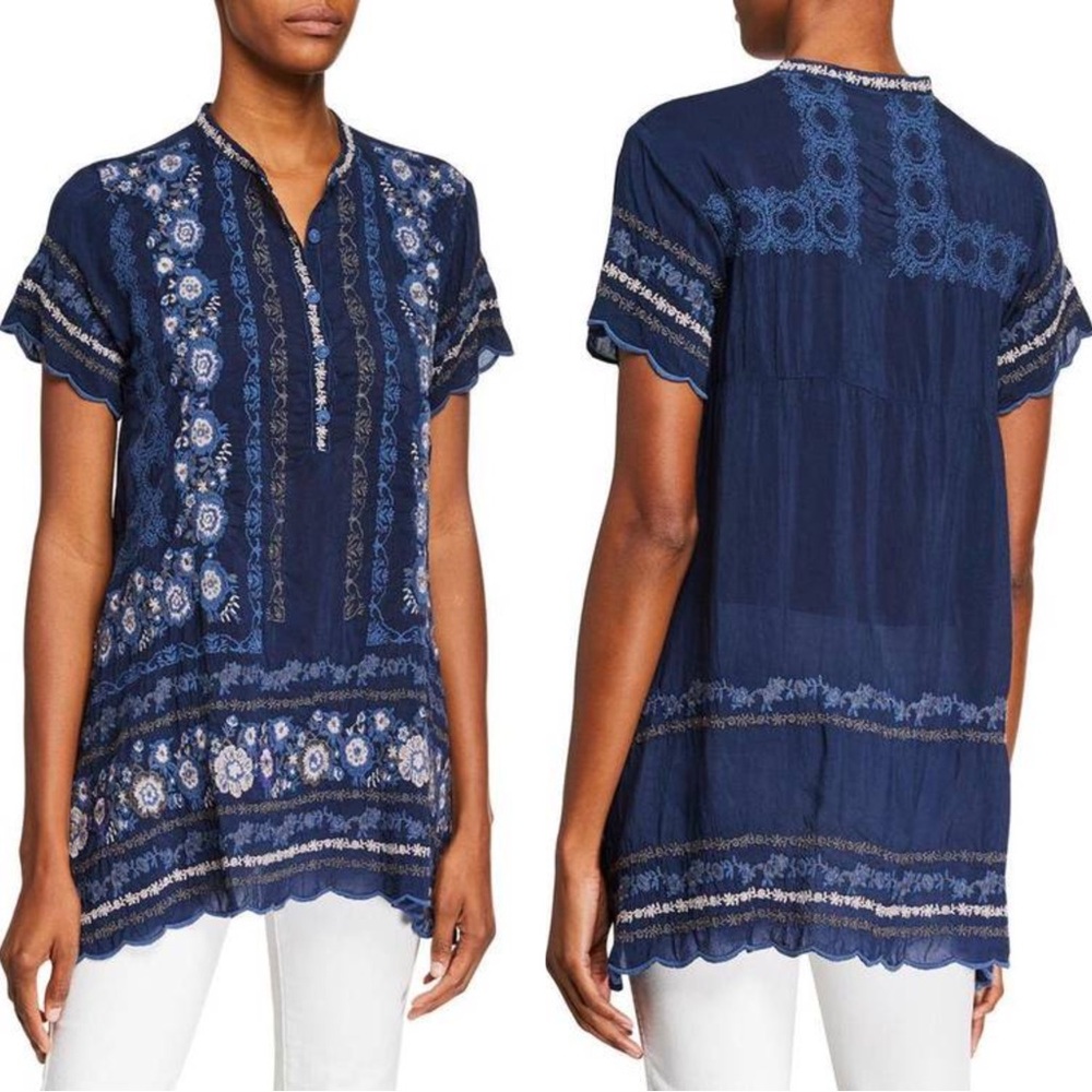 Johnny Was Navy Blue Embroidered Kones Tunic